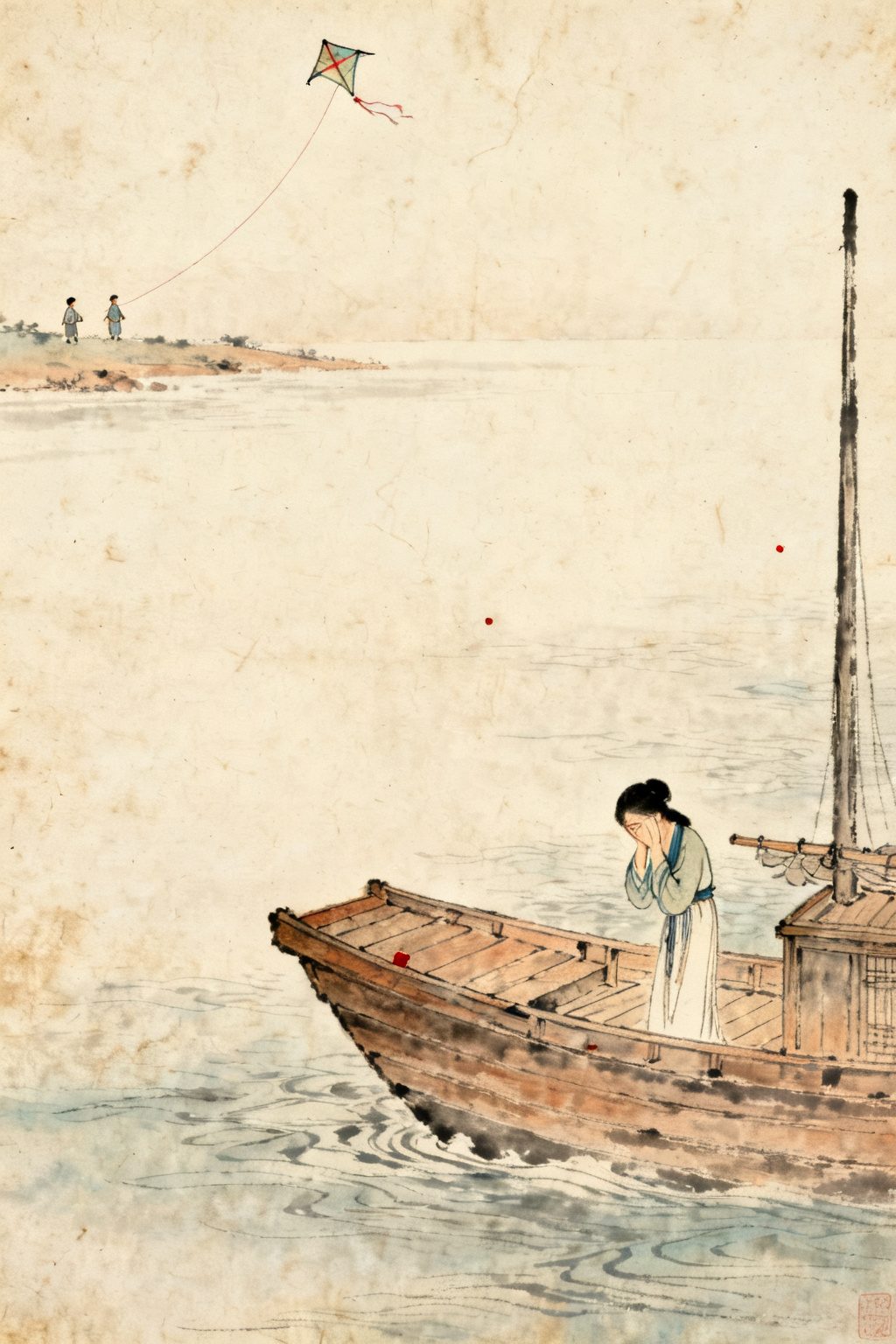 贾探春——两人放风筝，一片大海，一只大船，船中有一女子掩面泣涕之状